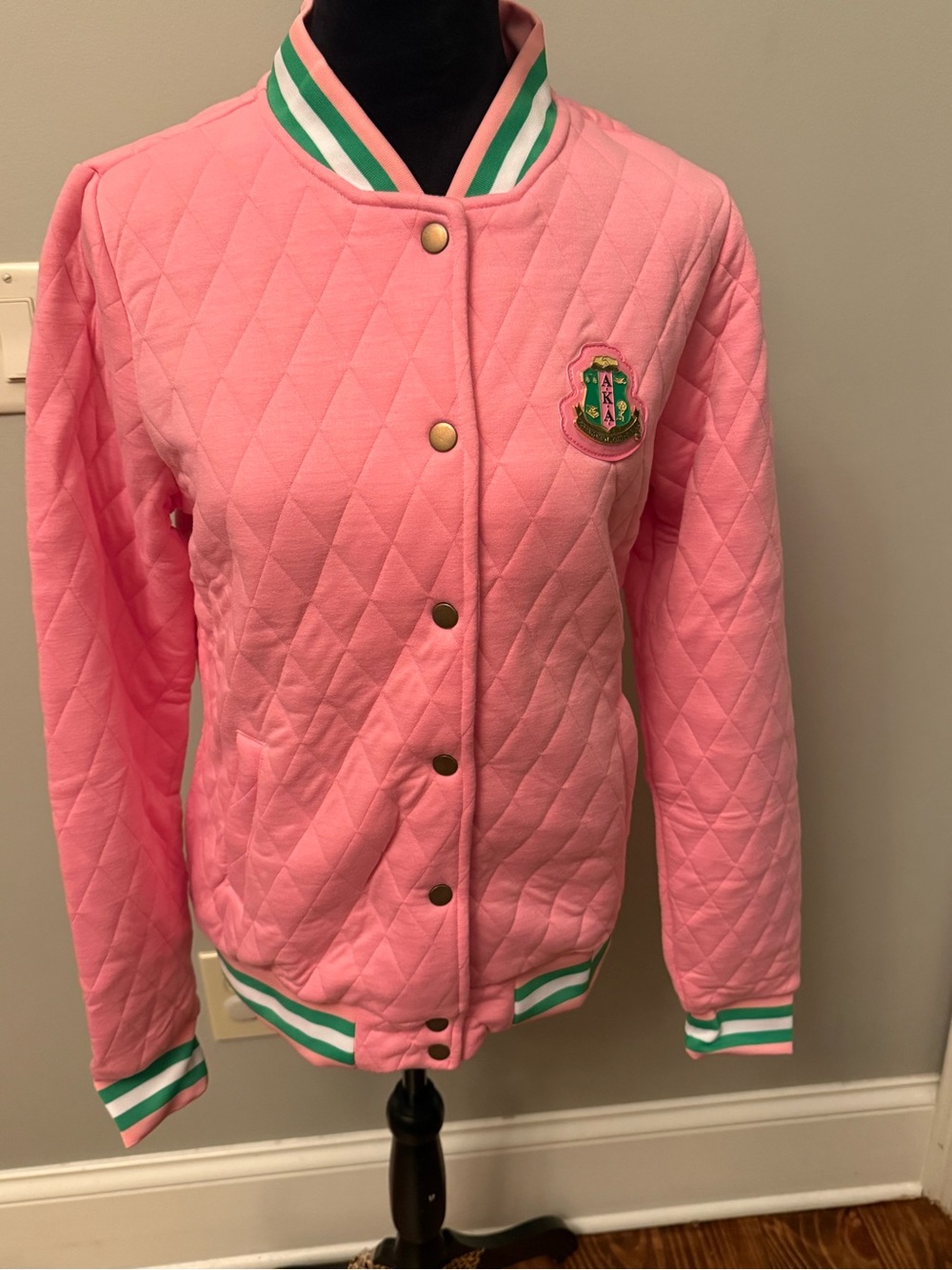 Women’s Pink AKA Quilted Bomber Jacket with Green/white Stripe Trim - Picture 4 of 6